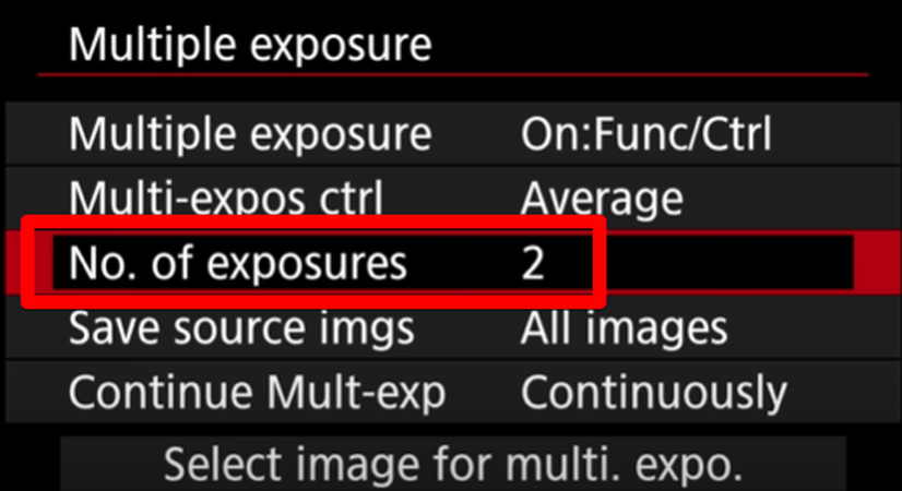 'No. of exposure' settings on Canon EOS R5