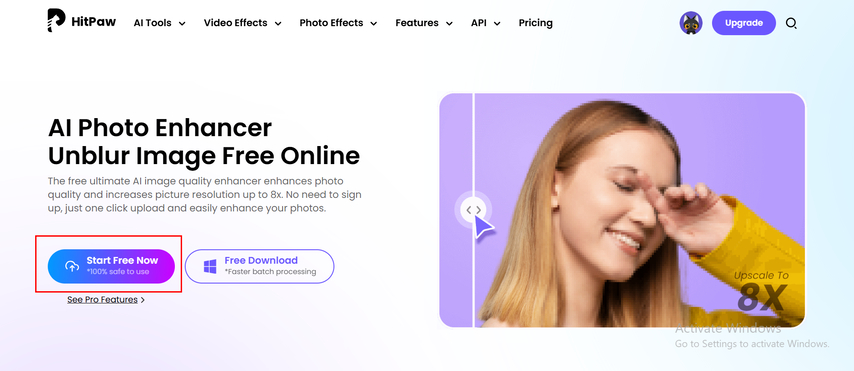 open hitpaw ai photo enhancer, click start