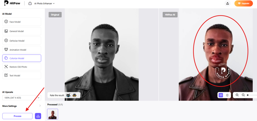 Previewing before and after results using the HitPaw Colorize model