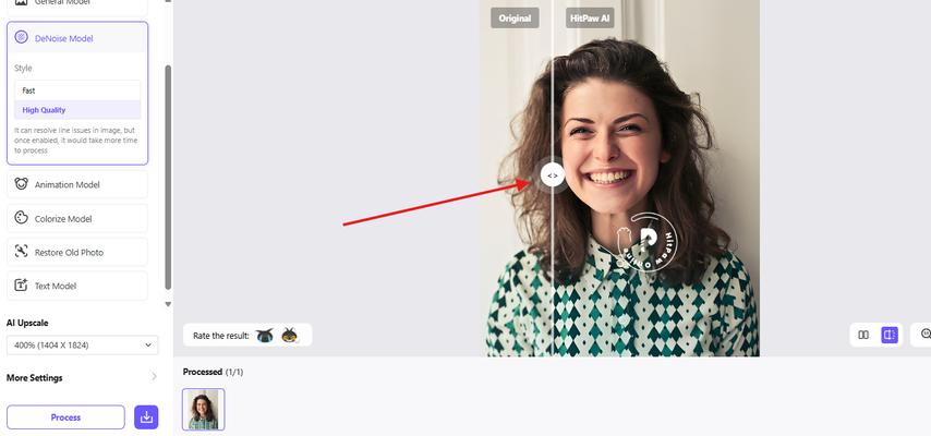 Previewing before and after results using the HitPaw Denoise model