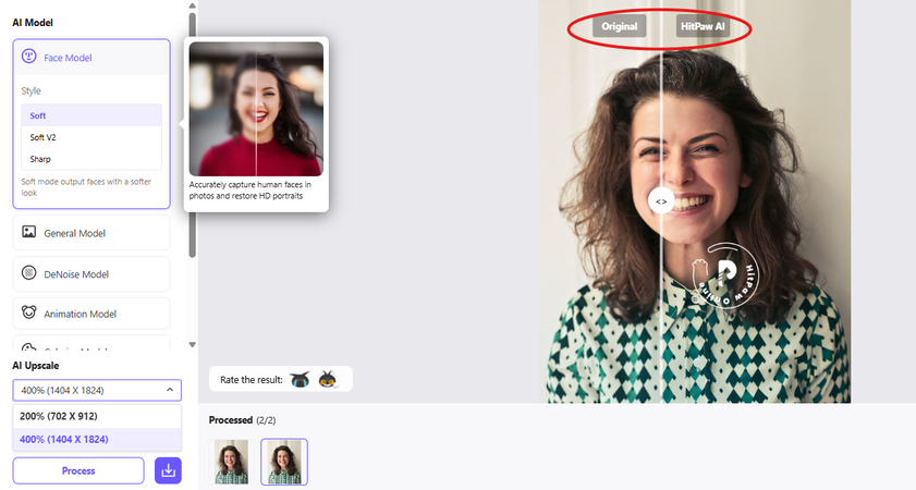 Previewing before and after results using the HitPaw Face model