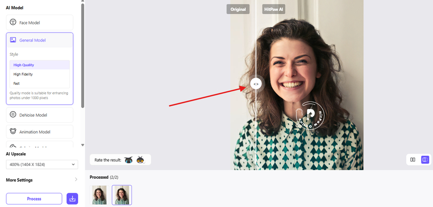 Previewing before and after results using the HitPaw General model
