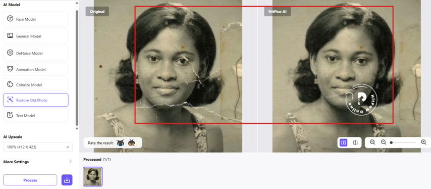 Previewing before and after results using the HitPaw Restore Old Photo model