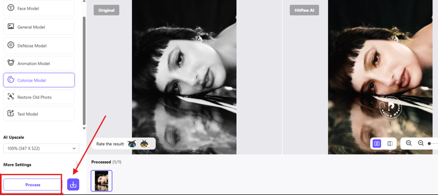 Processing and downloading the black & white picture converted to color
