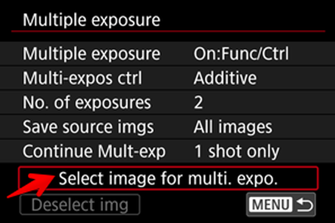 'Select image for multi. expo.' settings in Canon EOS R5