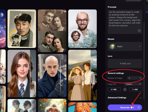 Selecting number of Facebook profile picture generations with AI