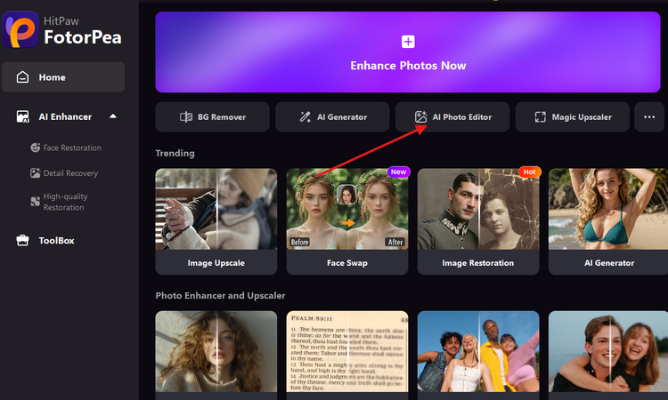 Selecting the AI Photo Editor option in HitPaw FotorPea