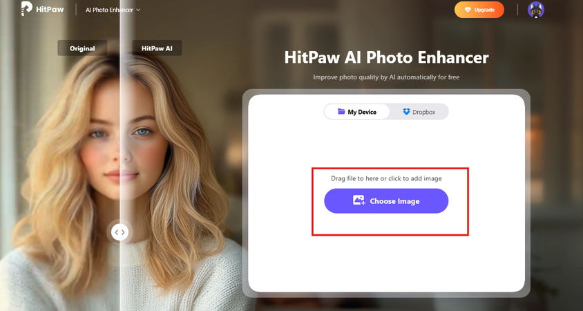 Uploading a deadpan photo to HitPaw Online AI Photo Enhancer