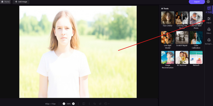 Uploading overexposed photo to HitPaw FotorPea and selecting Adjust