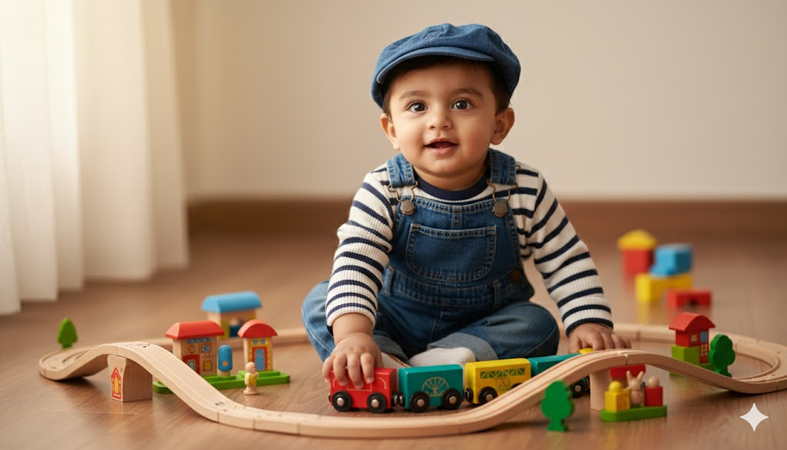 baby boy with toy train