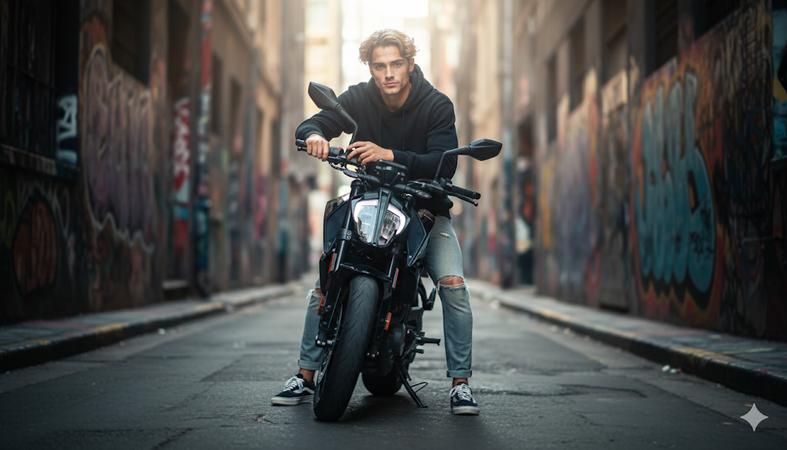 bike lover ai photo prompt for boy alley