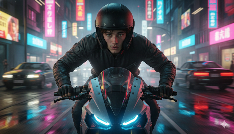 bike lover ai photo prompt for boy neon