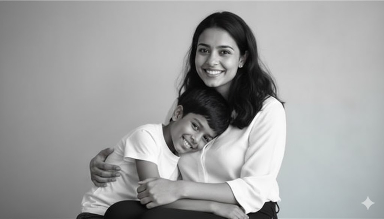 black and white gemini mother and son prompt