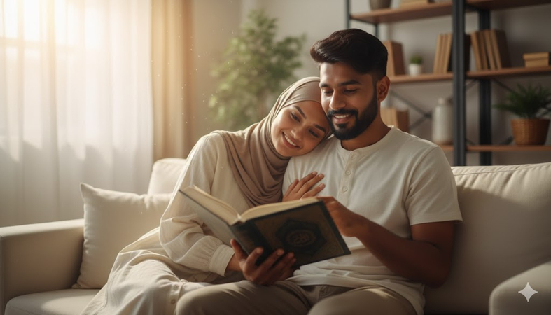 cozy reading muslim couple