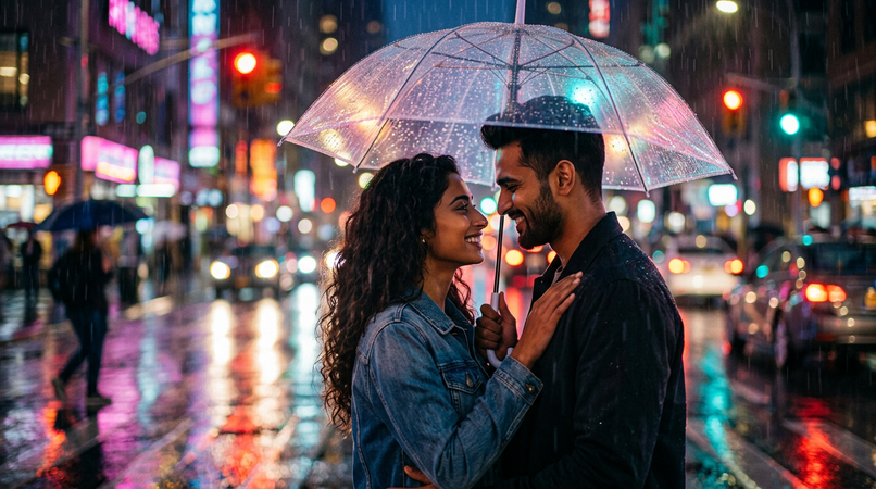rainy romantic couple photo