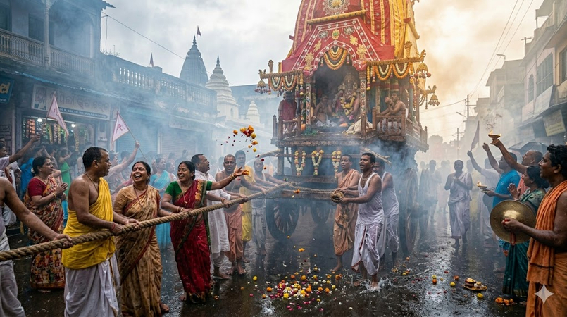 rath yatra emerging from smoke