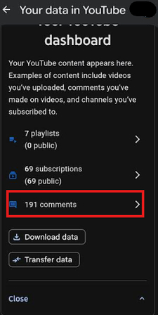 Comments section in the YouTube Dashboard