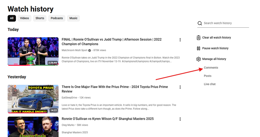 Comments section in YouTube Watch history