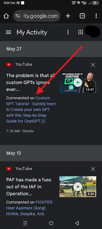 Finding YouTube comments in the My Activity section