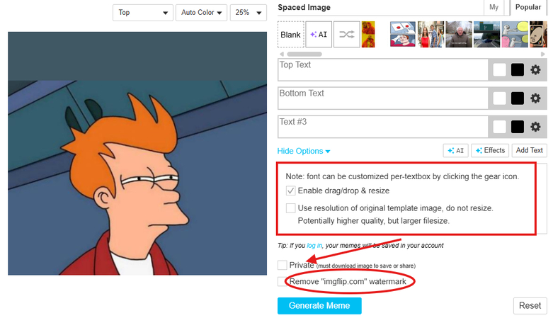 Imgflip Meme Generator additional options