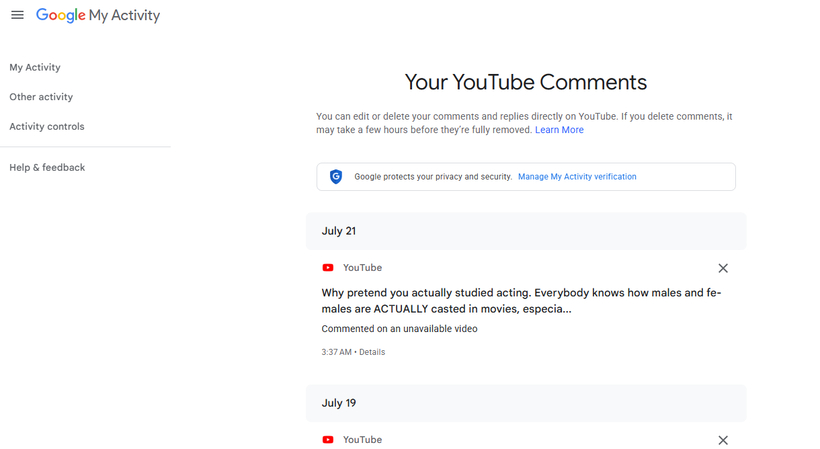 Syncing and finding YouTube comments in Google My Activity