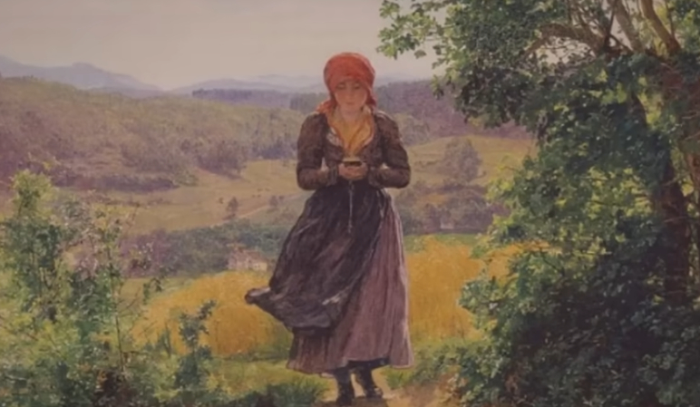 The Painting with a Woman Holding a Modern Device