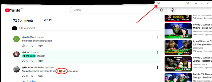 Using browser search to find YouTube comments