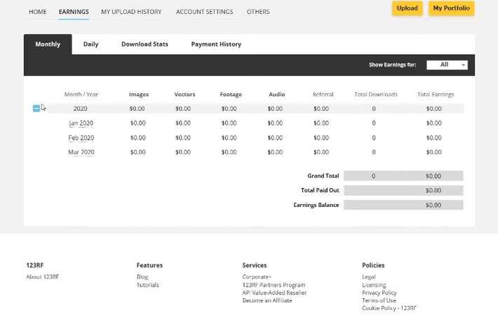 123RF contributor account dashboard