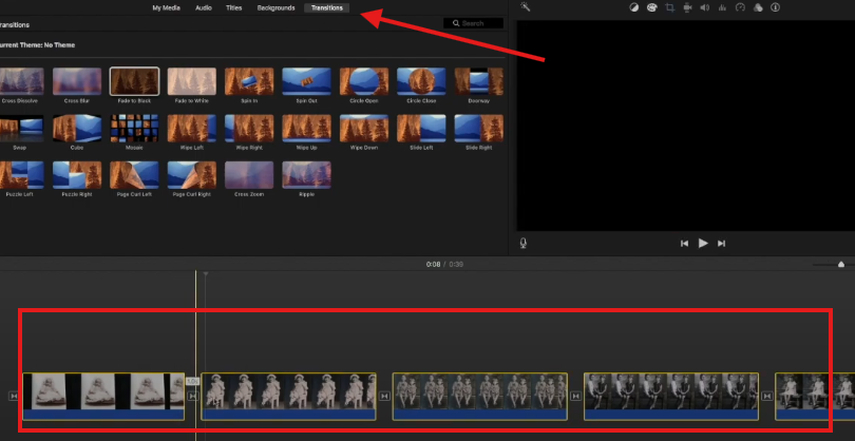Adding transitions to a split video in the iMovie Mac app
