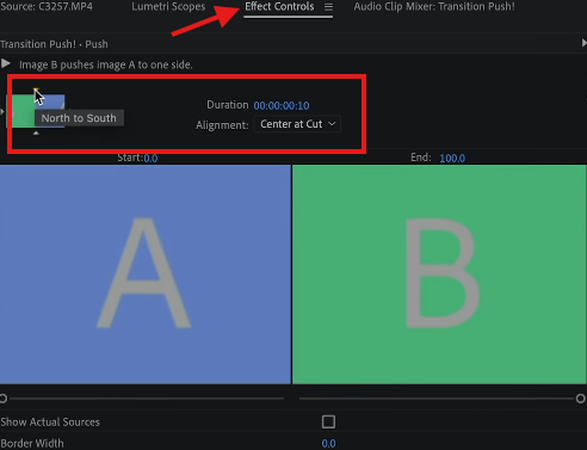 Adjusting the Push transition direction, duration, and alignment