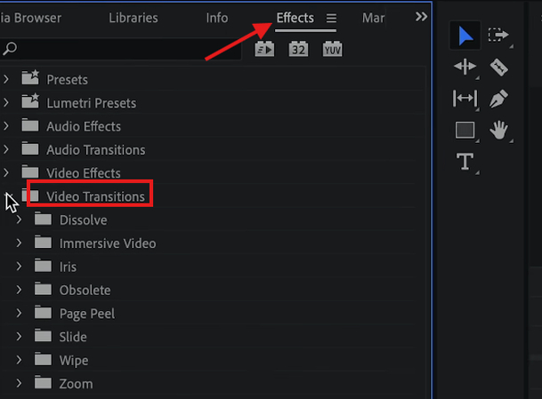 Built-in video transitions in Premiere Pro