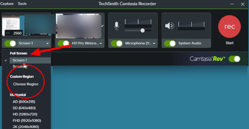 Camtasia Choose Regions option