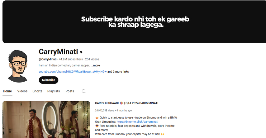 CarryMinati popular YouTube channel