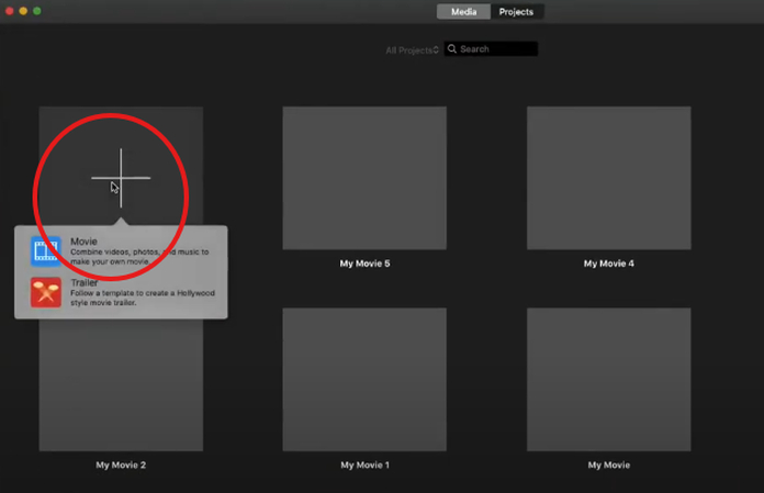 Creating a new movie project in iMovie on Mac