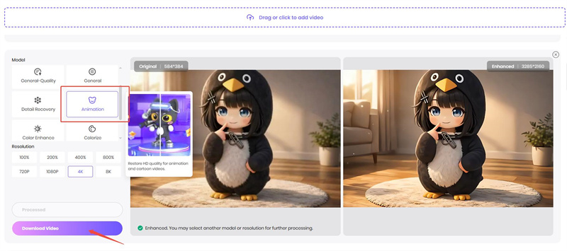 clean up video using hitpaw online video enhancer animation model