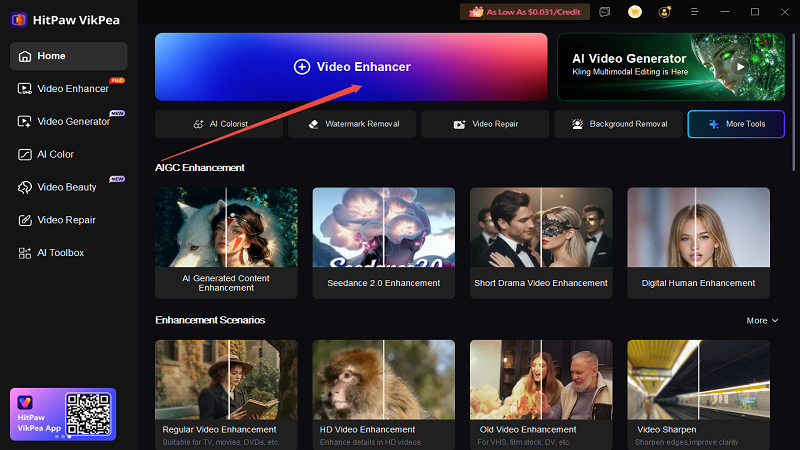 Select video enhancer option in HitPaw VikPea dashboard