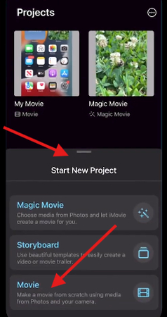 Opening a new movie project in iMovie