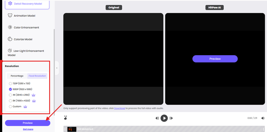 Picking a resolution to upscale the footage in HitPaw AI Video Enhancer