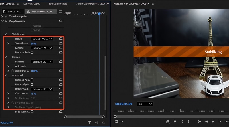 adjust premiere pro stabilization setting