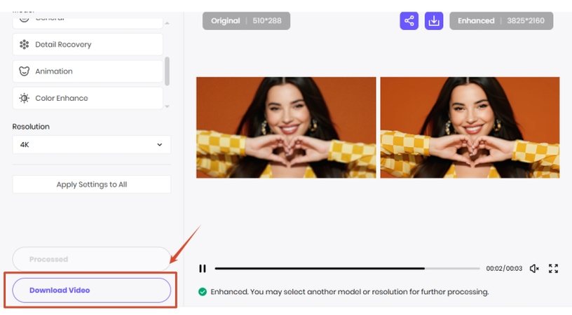 preview and download the denoised video from hitpaw