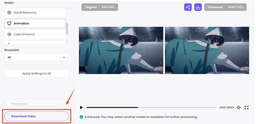 preview and download upscaled anime video from hitpaw