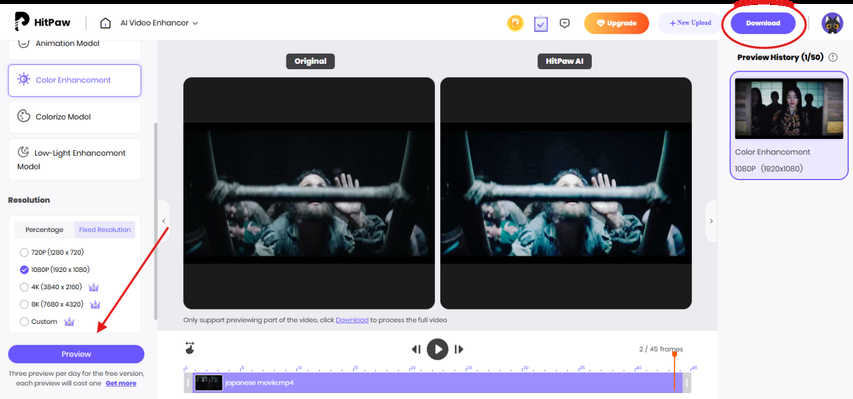 Previewing and downloading enhanced video
