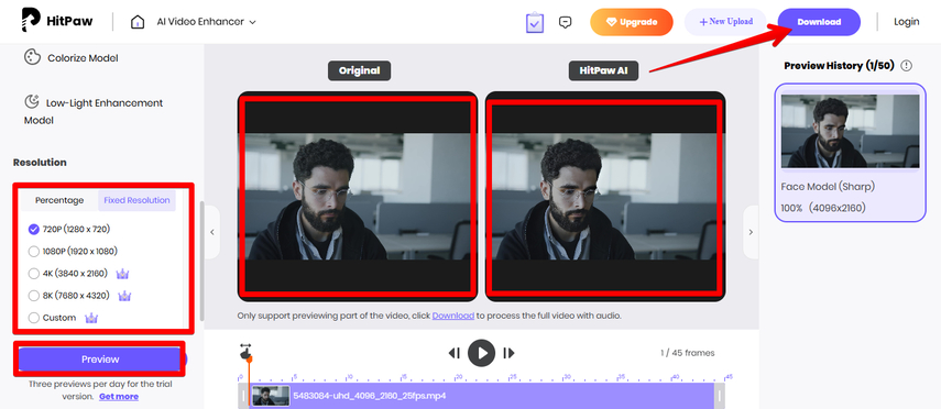 Previewing and downloading the enhanced short film