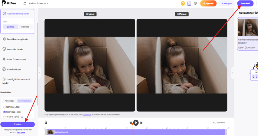 Previewing and downloading the enhanced video