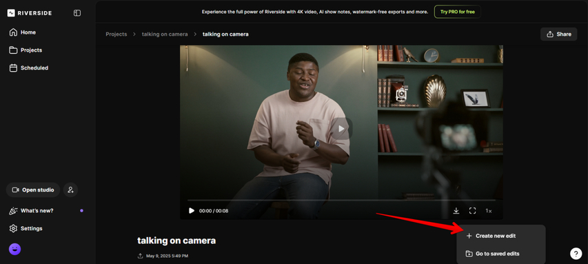 Riverside Create new edit option for video
