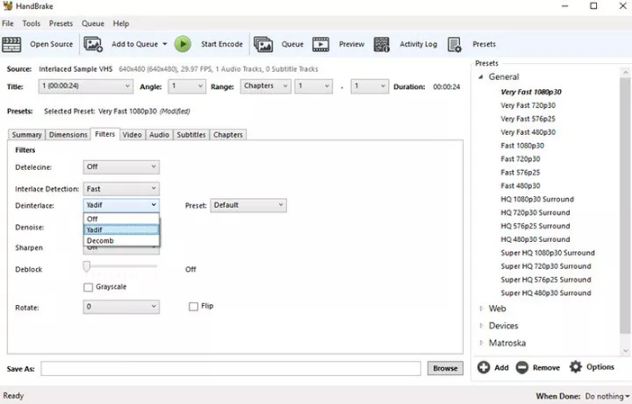 select deinterlace handbrake