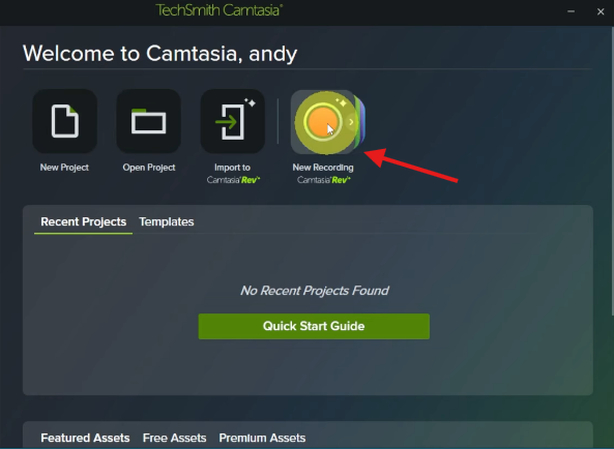Selecting a new recording in Camtasia