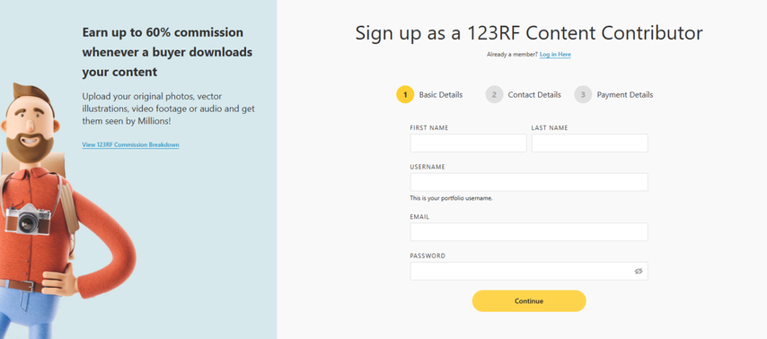 Signing up for a 123RF contributor account