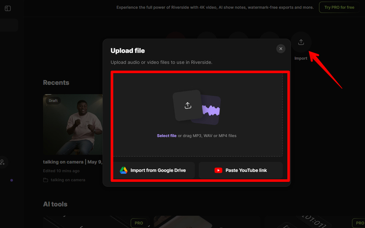 Uploading video to Riverside
