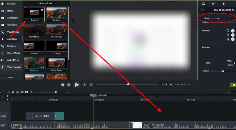Zooming in and out on the clip using Camtasia